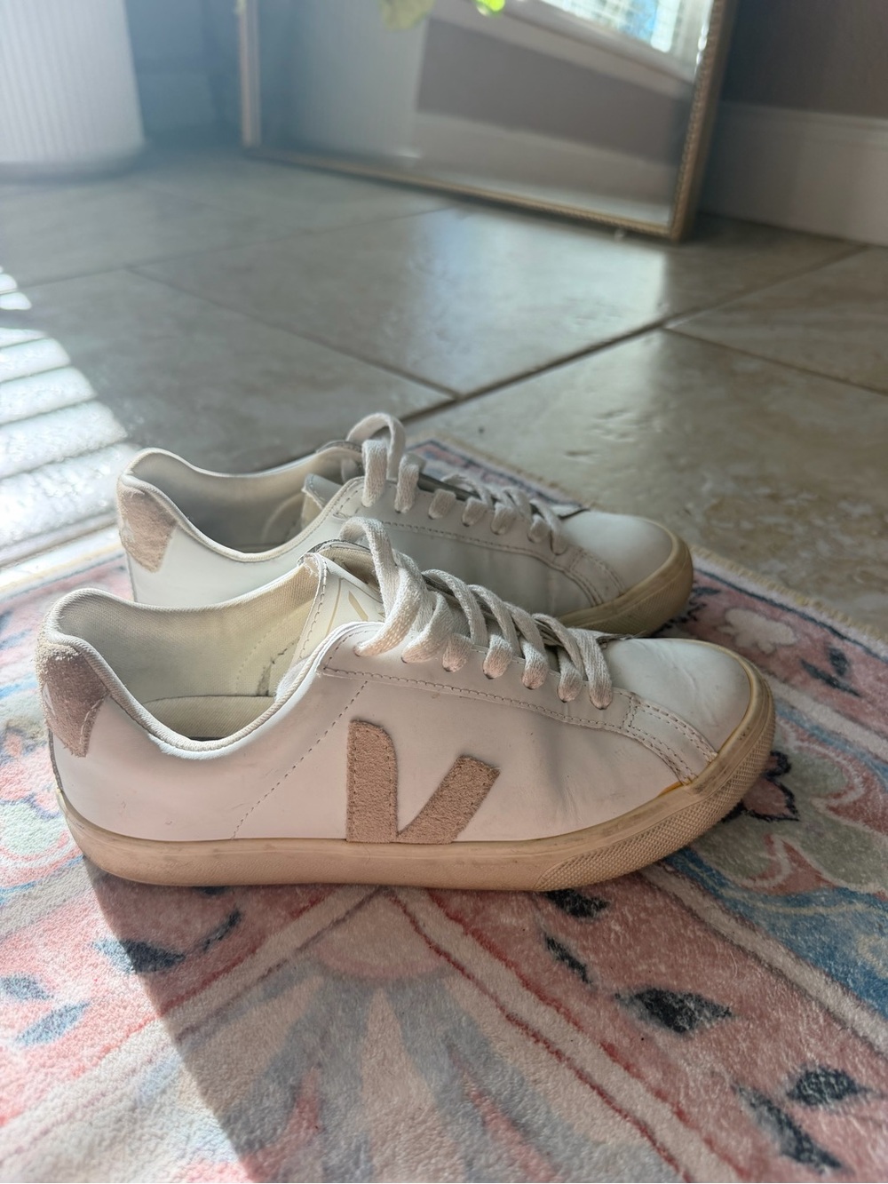 Veja White Leather Sneakers with Beige V Accent